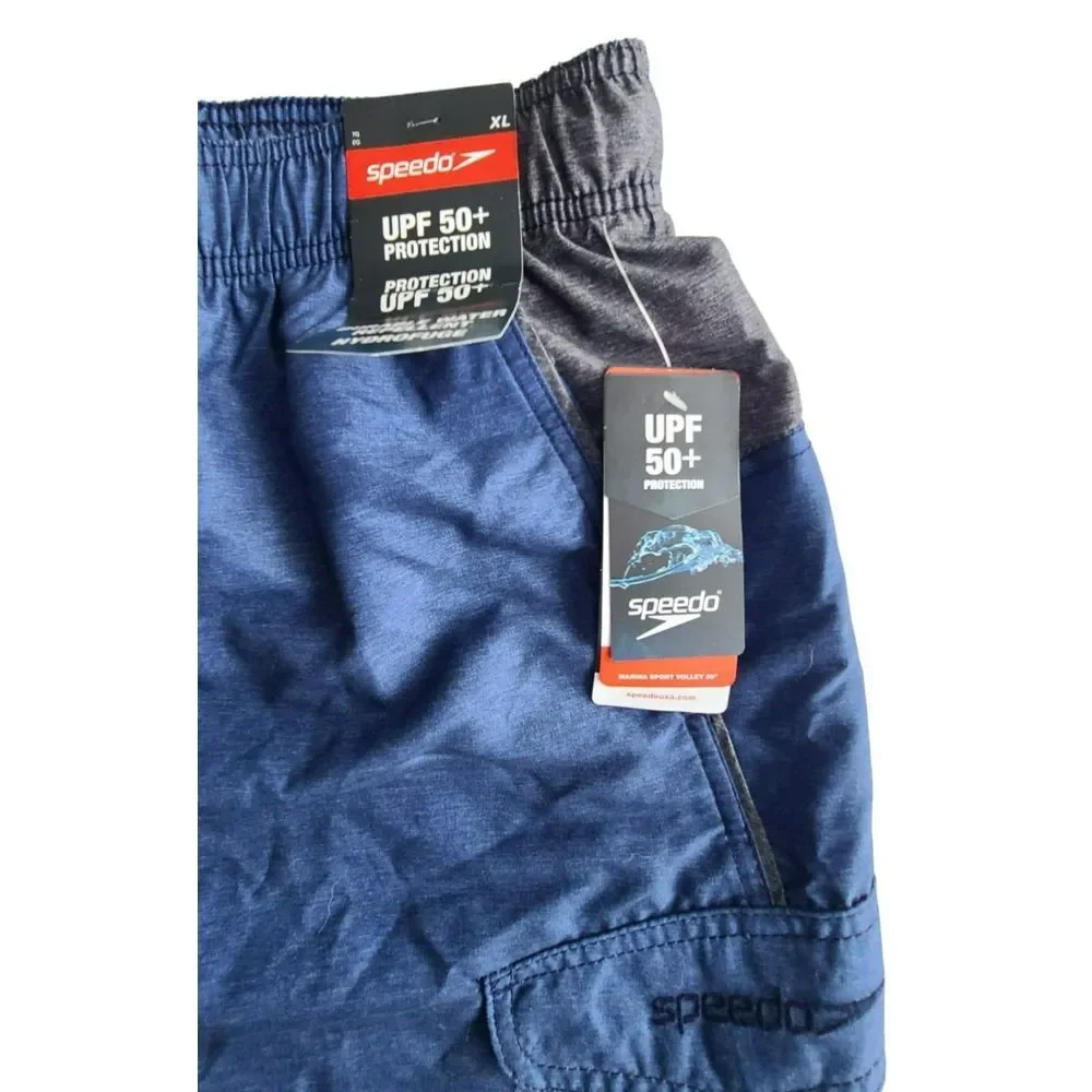Speedo‎ Marina Sport Volley Swim Trunks Navy Gray XL UPF 50+ Cargo Pocket